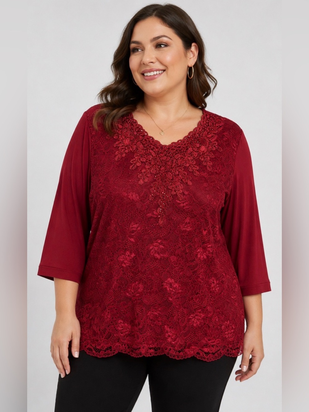 C&C Women’s 4XL Red Lace Rhinestone Embellished 3/4 Sleeve Blouse NWT